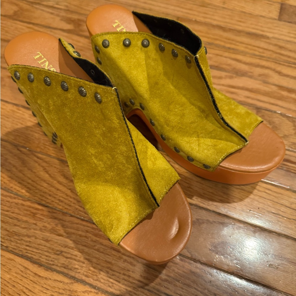 Ina Yellow Mustard and Brown Mules with Studded Detail